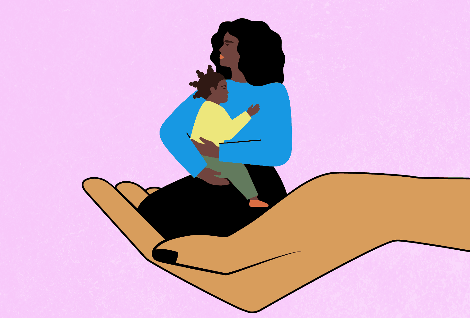 An illustration of a Black woman holding a young child, both being held by a giant hand.
