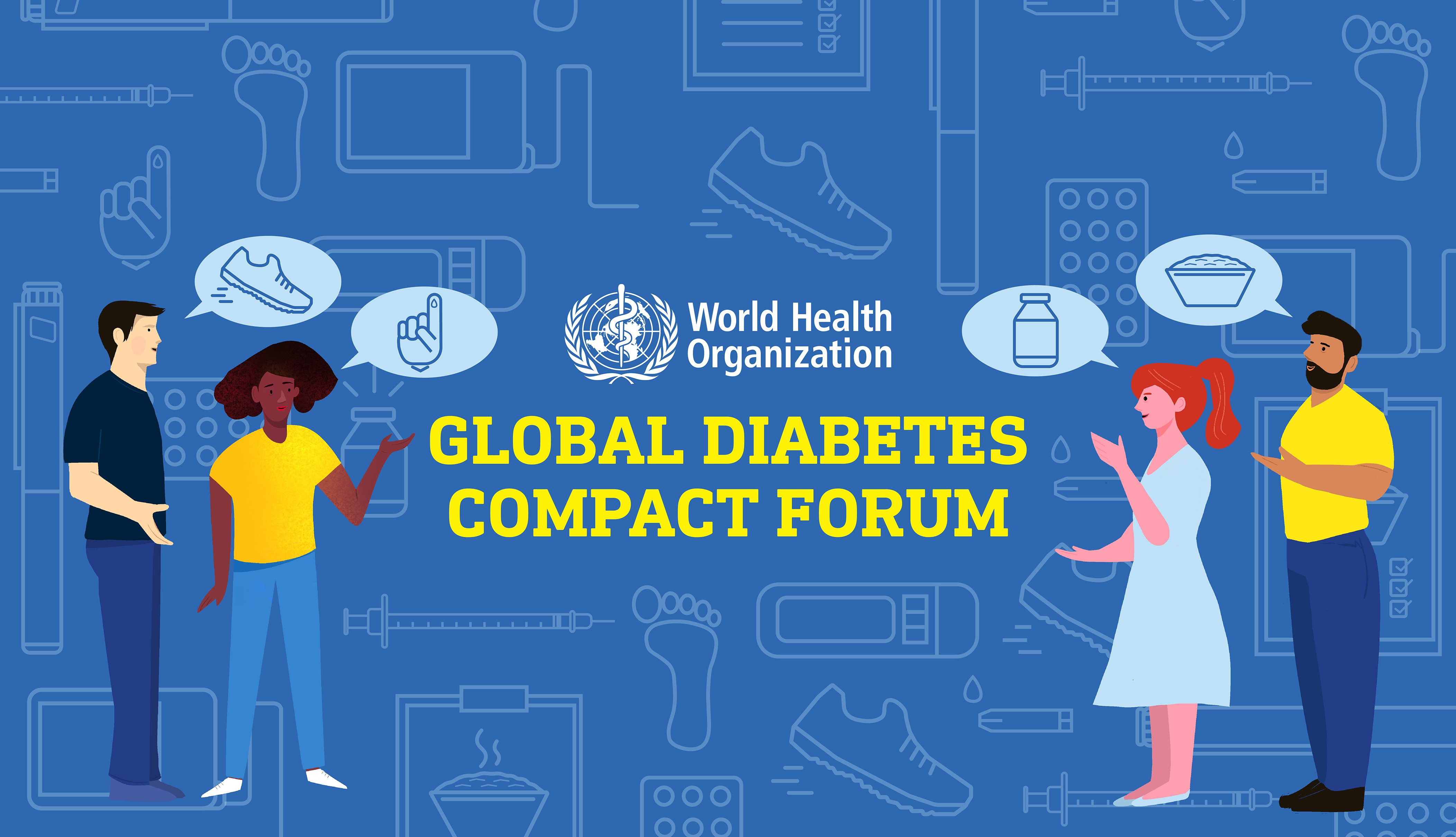 Illustration shows four people with text Global Diabetes Compact Forum and WHO logo