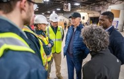 President Joe Biden receives a briefing on the response and recovery efforts in response to the 2023 Norfolk Southern train derailment, Friday, February 16, 2024, in East Palestine, Ohio. (Official White House Photo by Adam Schultz)