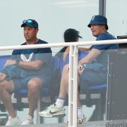 England batting coach Marcus Trescothick (left) and Freddie Flintoff in the stands during the first one day international match at Sophia Gardens, Cardiff. Picture date: Friday September 8, 2023.