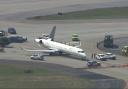 A damaged plane at Hartsfield-Jackson Atlanta International Airport after colliding with another plane on a taxiway (WSB via AP)