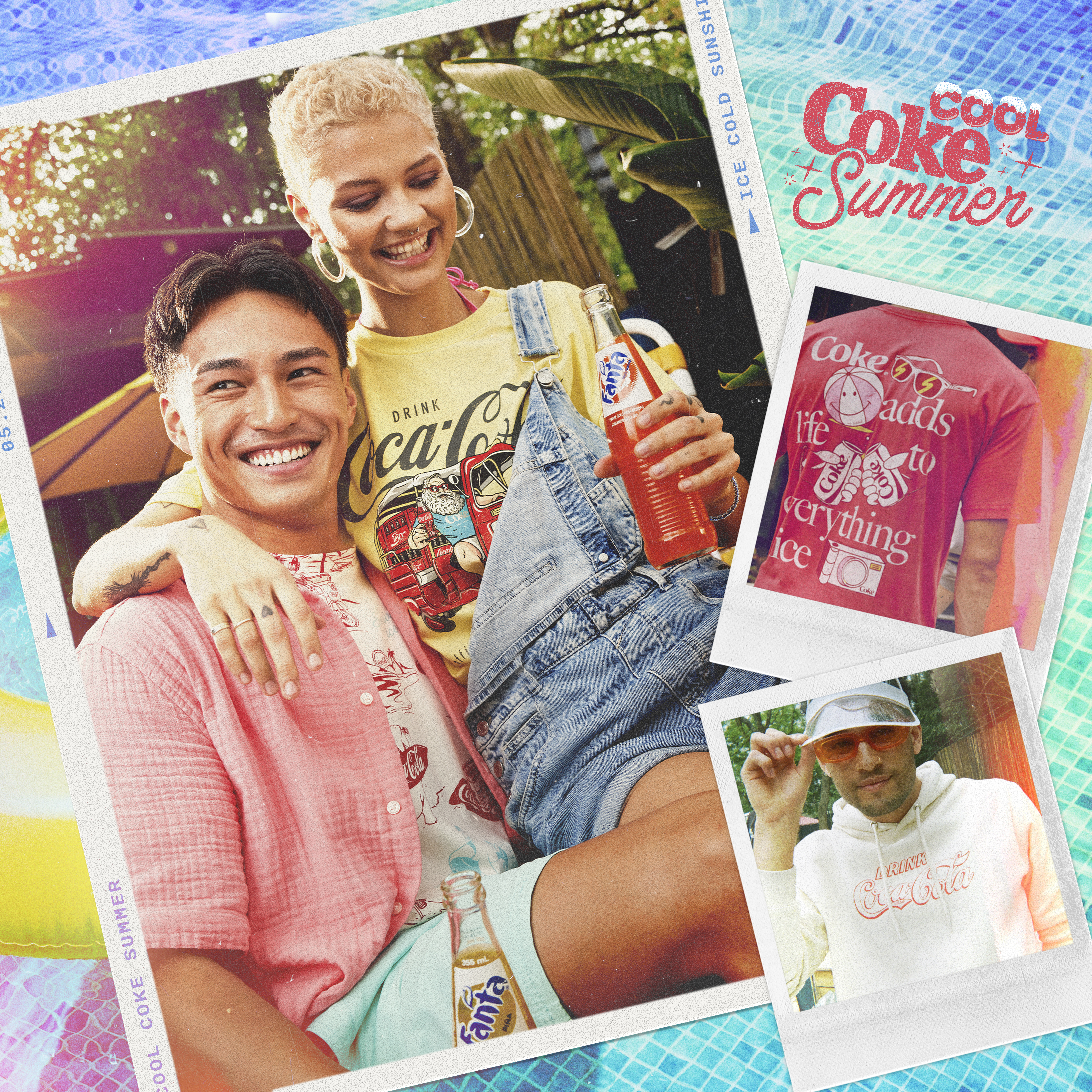 two people in summer clothing drinking coca-cola with photos of clothing