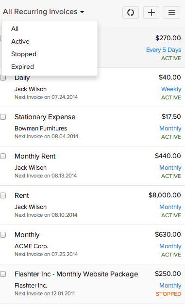 Sort recurring invoices