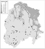 Thumbnail of Seroprevalence of IgG antibody to Sin Nombre virus at sample sites in the Walker River Basin (According to Status 1, sites with 0% prevalence were negative and all other sites were positive.)