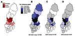 Thumbnail of Tularemia cases by county of probable infection, Sweden. A) Areas in analysis by Eliasson et al. B) 1981–2001 cases (N = 1,566). C) 2000 outbreak (N = 384). D) 2003 outbreak (N = 567). White areas indicate no reports.