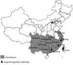 Thumbnail of Distribution of Pomacea canaliculata in China. The dark triangles indicate the regions where angiostrongyliasis outbreaks were reported due to ingestion of raw or undercooked P. canaliculata snails.