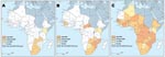 Thumbnail of Prevalence of multidrug resistance (MDR) in Africa among combined tuberculosis cases. A) Data collected from the Third Global Report on Anti-tuberculosis Drug Resistance in the World of the World Health Organization (WHO) published in 2004 (40). B) Data from various recent WHO publications, peer-reviewed journal articles, and WHO’s Fourth Global Report (1). C) Formulaic estimates of Zignol et al. (11). AFRO, WHO Regional Office for Africa.