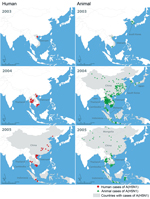 Thumbnail of Initial 2-year spread of human cases and poultry outbreaks of influenza A(H5N1) in China and Southeast Asia, December 2003–2005. Data on A(H5N1) in humans were obtained from the World Health Organization (http://www.who.int/influenza/human_animal_interface/en/). Data on outbreaks of A(H5N1) in poultry were obtained from the World Organisation for Animal Health (outbreaks before 2005 from http://www.oie.int/en/animal-health-in-the-world/the-world-animal-health-information-system/data