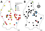 Thumbnail of Within-farm seroprevalence range in A) cattle herds (n = 44) sampled in 2016 and B) swine herds sampled in 2012 (n = 10, triangles), 2014–2015 (n = 12, squares) or both (n = 17, circles). 