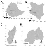 Location of TES sites where Plasmodium falciparum malaria-infected participants were enrolled, Ethopia, Kenya, Madagascar, and Rwanda, 2016–2018. A) Ethiopia, B) Kenya, C) Madagascar, D) Rwanda. Circles indciate study sites and diamonds the country capitals. Scale bars are unique to each map. TES, therapeutic efficacy study.