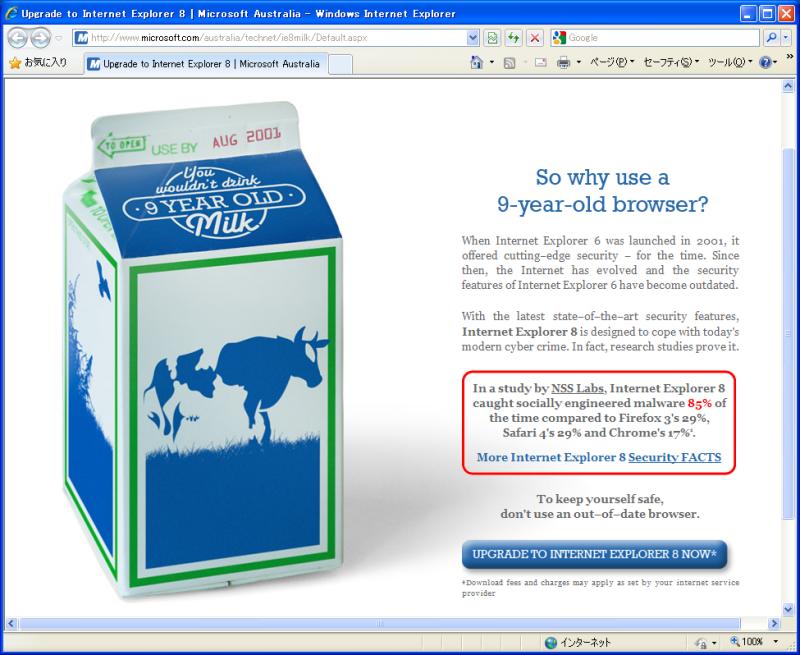 マイクロソフトのオーストラリア法人が展開するIE8への移行キャンペーン。IE6を「9年前の牛乳」に例えている