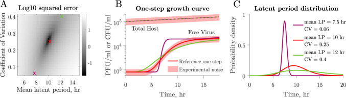 Simulation results demonstrating identifiability issues in inference including a log10 squared error heatmap, a one-step growth curve, and underlying latent period distributions.