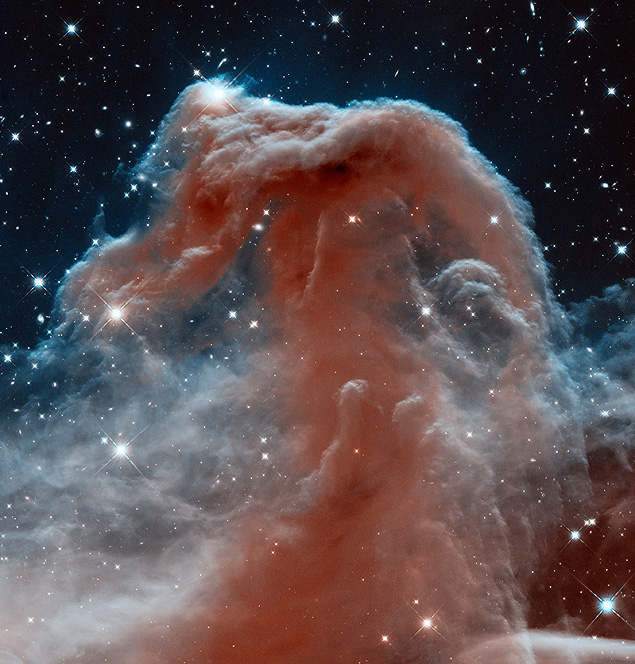 This image made by the NASA/ESA Hubble Space Telescope shows Barnard 33, the Horsehead Nebula, in the constellation of Orion (The Hunter). This image shows the region in infrared light, which has longer wavelengths than visible light and can pierce through the dusty material that usually obscures the nebula's inner regions in visible light. The Hubble Space Telescope marks its 25th anniversary. A full decade in the making, Hubble rocketed into orbit on April 24, 1990, aboard space shuttle Discovery. (NASA/ESA/ Hubble Heritage Team (AURA/STScI) via AP) ORG XMIT: NY940LEGENDA DO JORNALFESTA NO CE�Telesc�pio Hubble, da Nasa, completa 25 anos em �rbita nesta semana; veja ao lado e abaixo algumas das melhores imagens que o aparelho j� registrou do espa�o