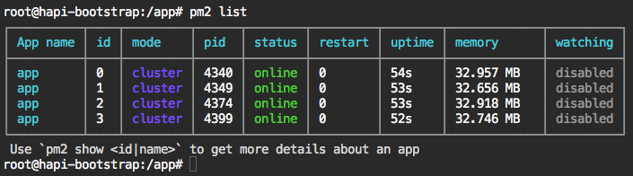 screenshot PM2 list of clustered apps