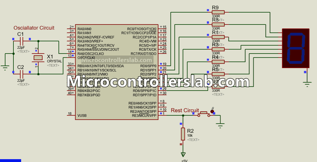 7 segment display interfacing with pic microcontroller simulation