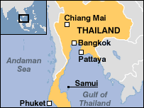 Map of Thailand showing Phuket, Pattaya, Chiang Mai, Samui and Bangkok