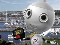 Digital TV mascot "Digit Al" in front of Whitehaven harbour