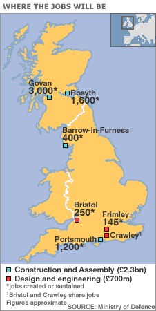 Map showing UK locations where jobs will be saved or created by orders for two new aircraft carriers