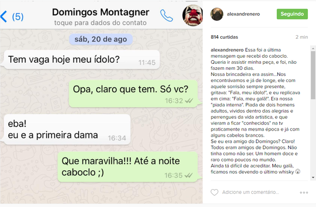 Alexandre Nero compartilha última conversa com Domingos (Foto: Reprodução/Instagram)