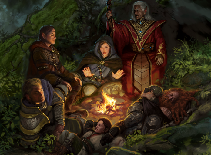 A group of adventurers sitting around a campfire