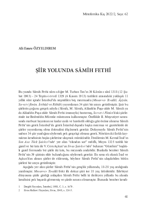 First page of “Şiir Yolunda Samih Fethi [= M. Turhan Tan]”