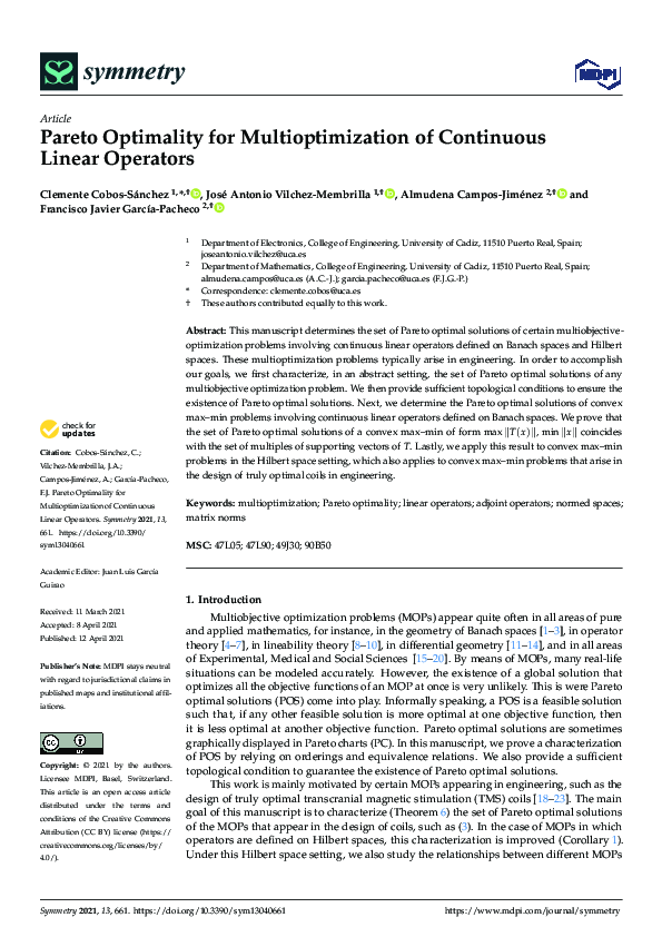 First page of “Pareto Optimality for Multioptimization of Continuous Linear Operators”