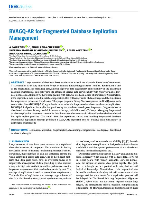 First page of “BVAGQ-AR for Fragmented Database Replication Management”