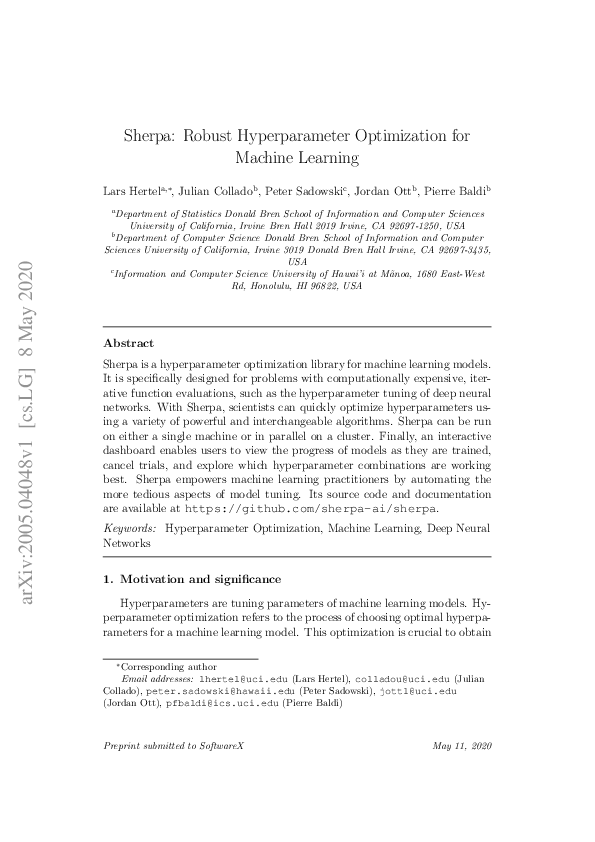 First page of “Sherpa: Robust Hyperparameter Optimization for Machine Learning”