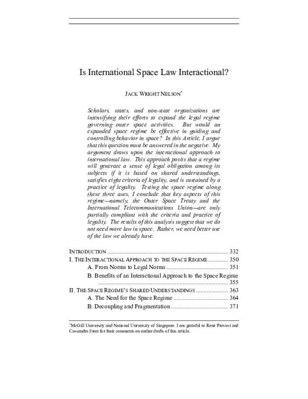 First page of “Is International Space Law Interactional”