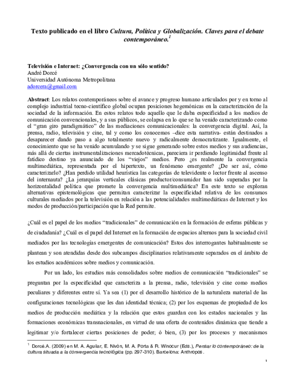 First page of “Televisión e Internet: ¿Convergencia con un sólo sentido?”