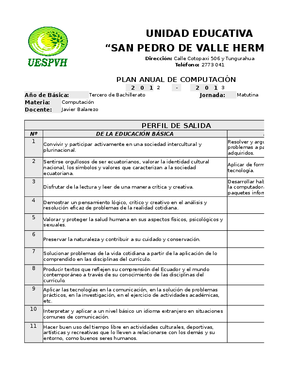 First page of “Plan Anual Computacion 3ro Bachillerato”