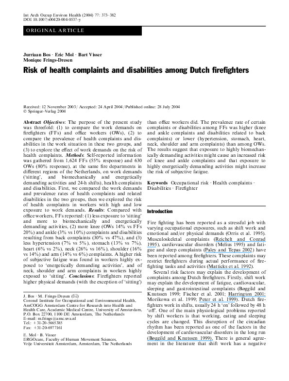 First page of “Risk of health complaints and disabilities among Dutch firefighters”