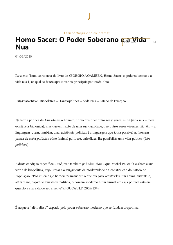 First page of “Homo Sacer: O Poder Soberano e a Vida Nua”