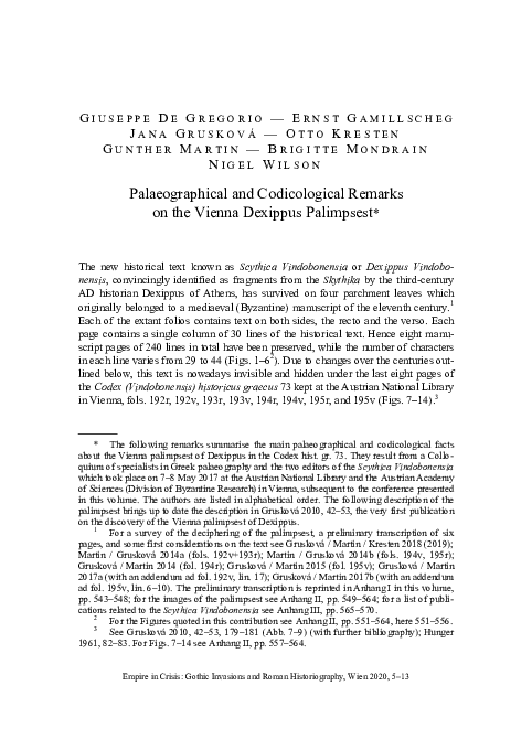 First page of “Palaeographical and Codicological Remarks on the Vienna Dexippus Palimpsest”