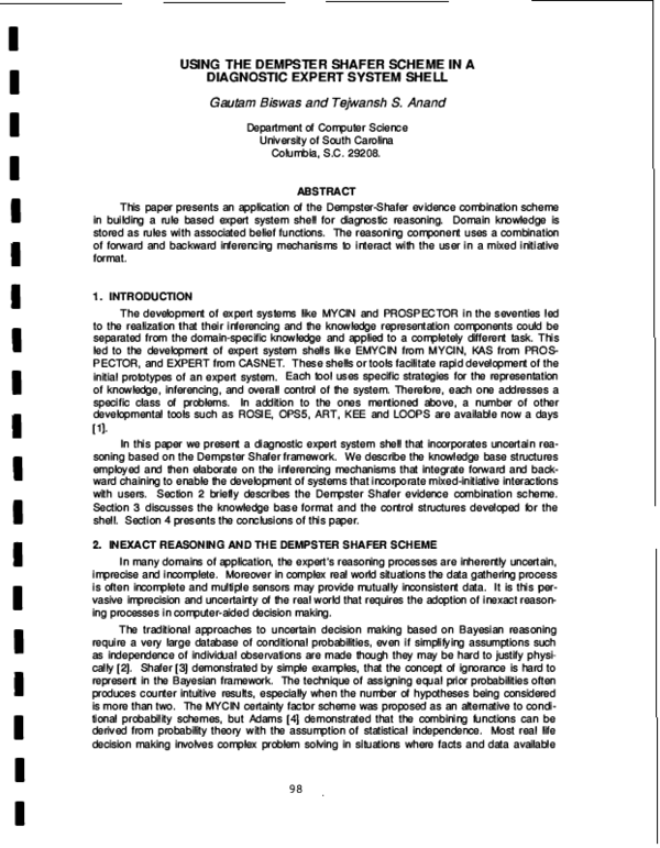 First page of “Using the Dempster-shafer scheme in a diagnostic expert system shell”