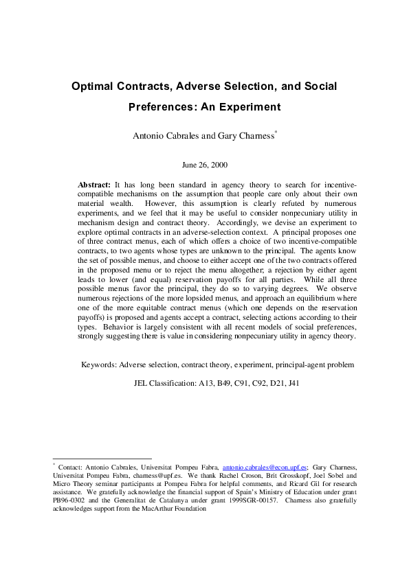 First page of “Optimal contracts, adverse selection and social preferences: An experiment”