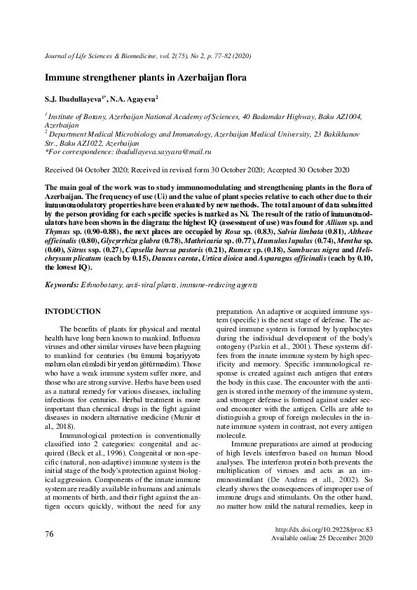 First page of “Immune strengthener plants in Azerbaijan flora”