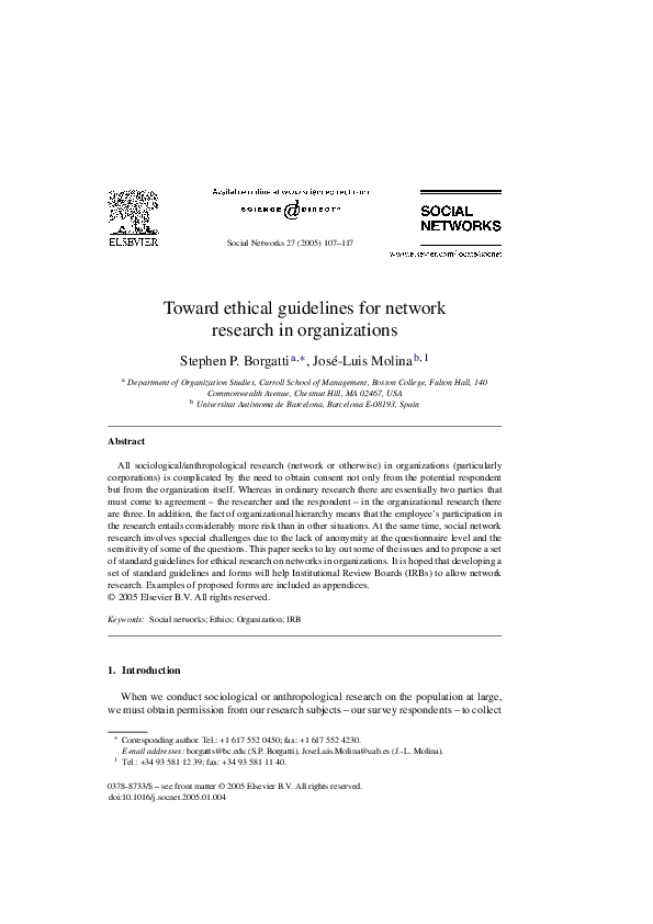 First page of “Toward ethical guidelines for network research in organizations”