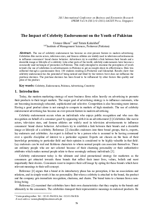 First page of “The Impact of Celebrity Endorsement on the Youth of Pakistan”