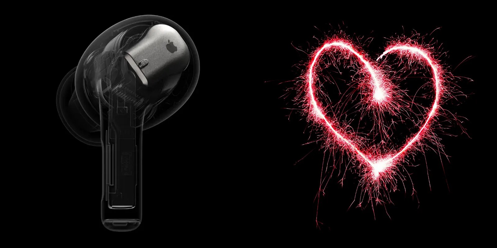 Apple patent describes how it could use AirPods to detect heart disease | Airpods x-ray image with heart-shaped sparkler display