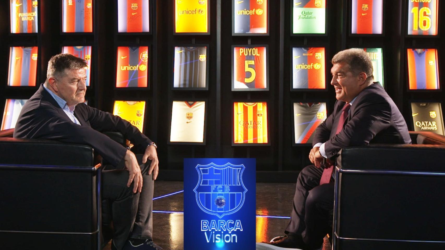 Joan Laporta, junto a Joan Moya, en la presentación de Barça Vision