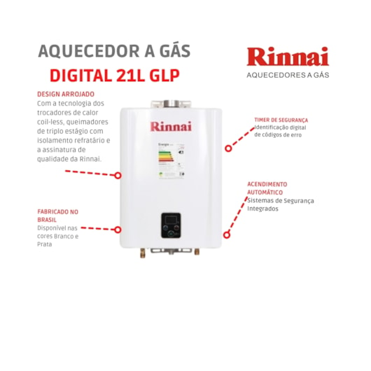 Aquecedor A Gás Digital 21 Litros Glp E211 Feh Branco Rinnai - Imagem principal - 8938c095-b8fd-4b03-9d75-665f9520d04a