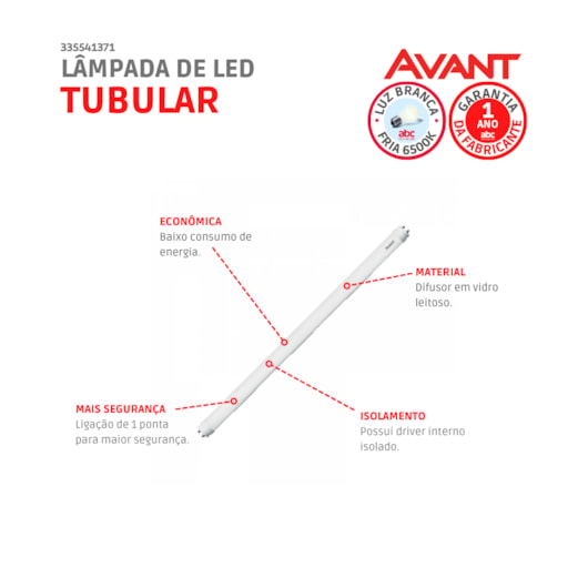 Lâmpada De Led Tubular T8 6500K 18W Bivolt Br1850 Avant - Imagem principal - 6210be65-b095-4720-aca0-14ad0d12e306