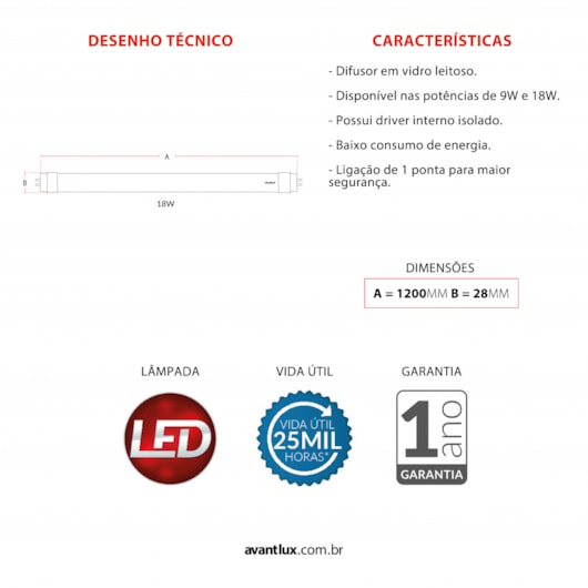 Lâmpada De Led Tubular T8 6500K 18W Bivolt Br1850 Avant - Imagem principal - 97087eff-322f-4211-b469-ef29de5f0564