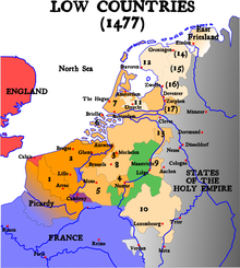 De zeventien provincies (oranje, bruine en gele gebieden) en het bisdom Luik (groen)  