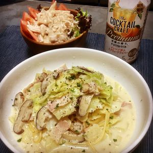 直希の作ってみた!投稿(めちゃ旨！！『キャベツとベーコンのツナクリームパスタ』)