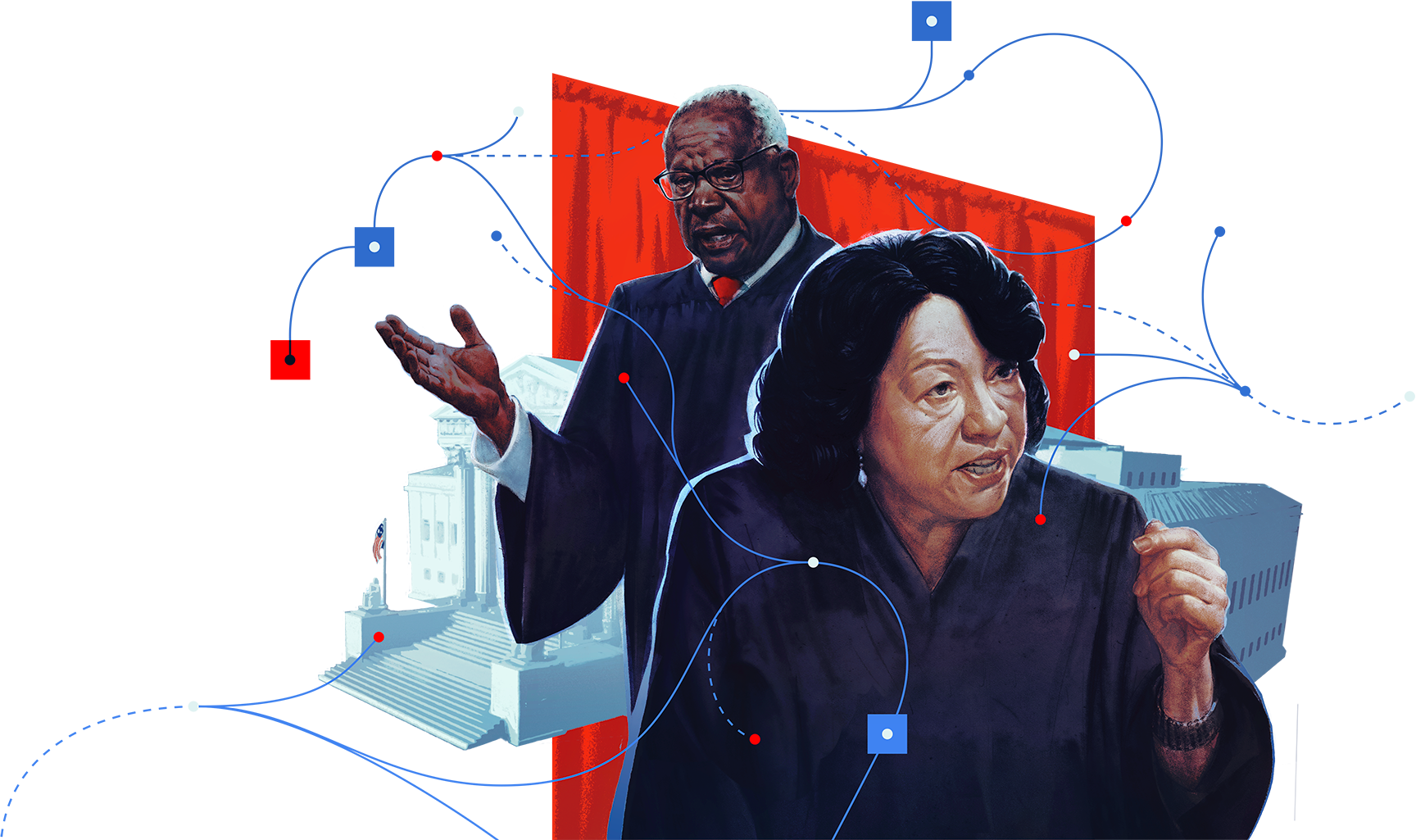 An illustration depicting Supreme Court Justices Clarence Thomas, left, and Sonia Sotomayor, right, in front of a red curtain and the Supreme Court building, surrounded by abstract lines and shapes representing financial and other connections.