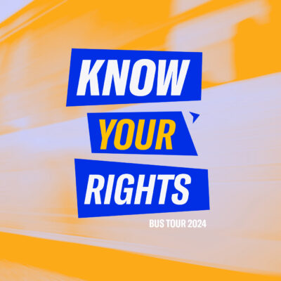 A graphic that says know your rights bus tour with question marks around the text.