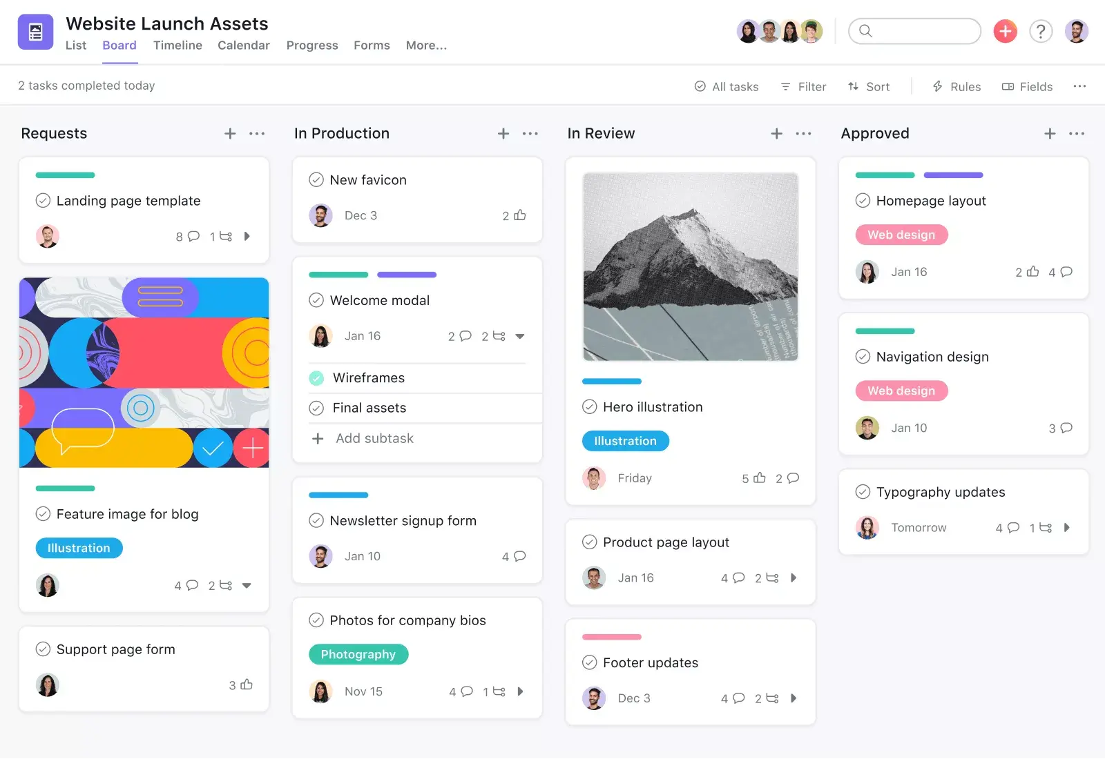 An Asana product screen showing a Kanban-style "Website Launch Assets" board. Board includes "Requests", "In Production", "In Review", and "Approved" columns. 