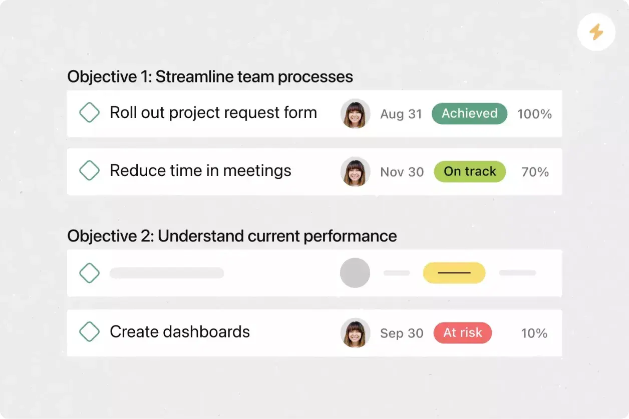 Objectives and key results: Asana product UI